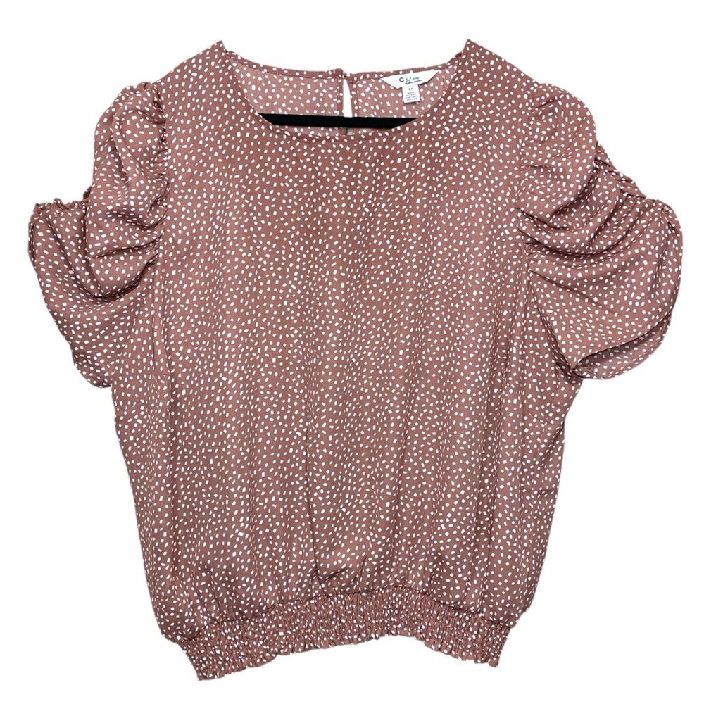 Brown Crepe Polka Dot Blouse Sz 2XL Feminine Short Puff Sleeve Flowy Boho Shirt